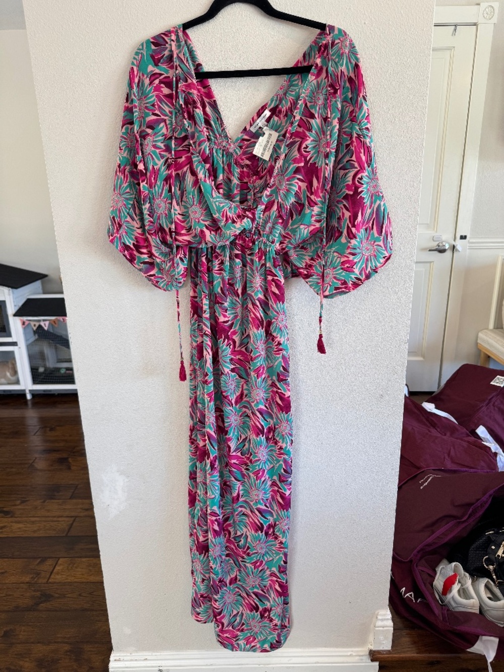 Karma Highway Printed V-Neck Long Dress OS Pink Teal Floral NWT